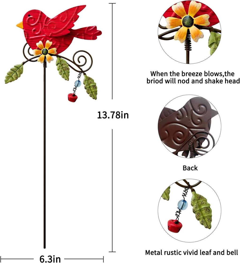 4 Pack Decorative Garden Stakes - 14.2" Metal Flowers for Outside & Metal Yard Art Outdoor and Garden, Rust-Resistant Shaking-Head Bird Lawn Ornaments for Patio - Gift for Gardeners