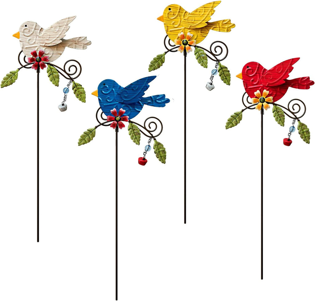 4 Pack Decorative Garden Stakes - 14.2" Metal Flowers for Outside & Metal Yard Art Outdoor and Garden, Rust-Resistant Shaking-Head Bird Lawn Ornaments for Patio - Gift for Gardeners