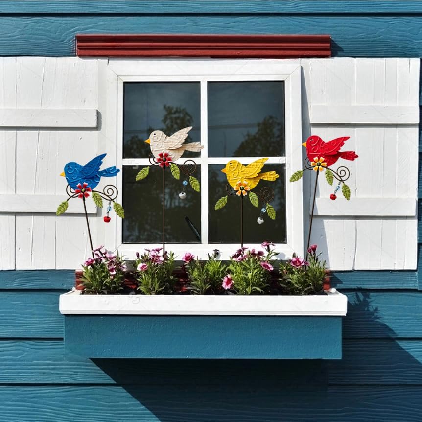 4 Pack Decorative Garden Stakes - 14.2" Metal Flowers for Outside & Metal Yard Art Outdoor and Garden, Rust-Resistant Shaking-Head Bird Lawn Ornaments for Patio - Gift for Gardeners
