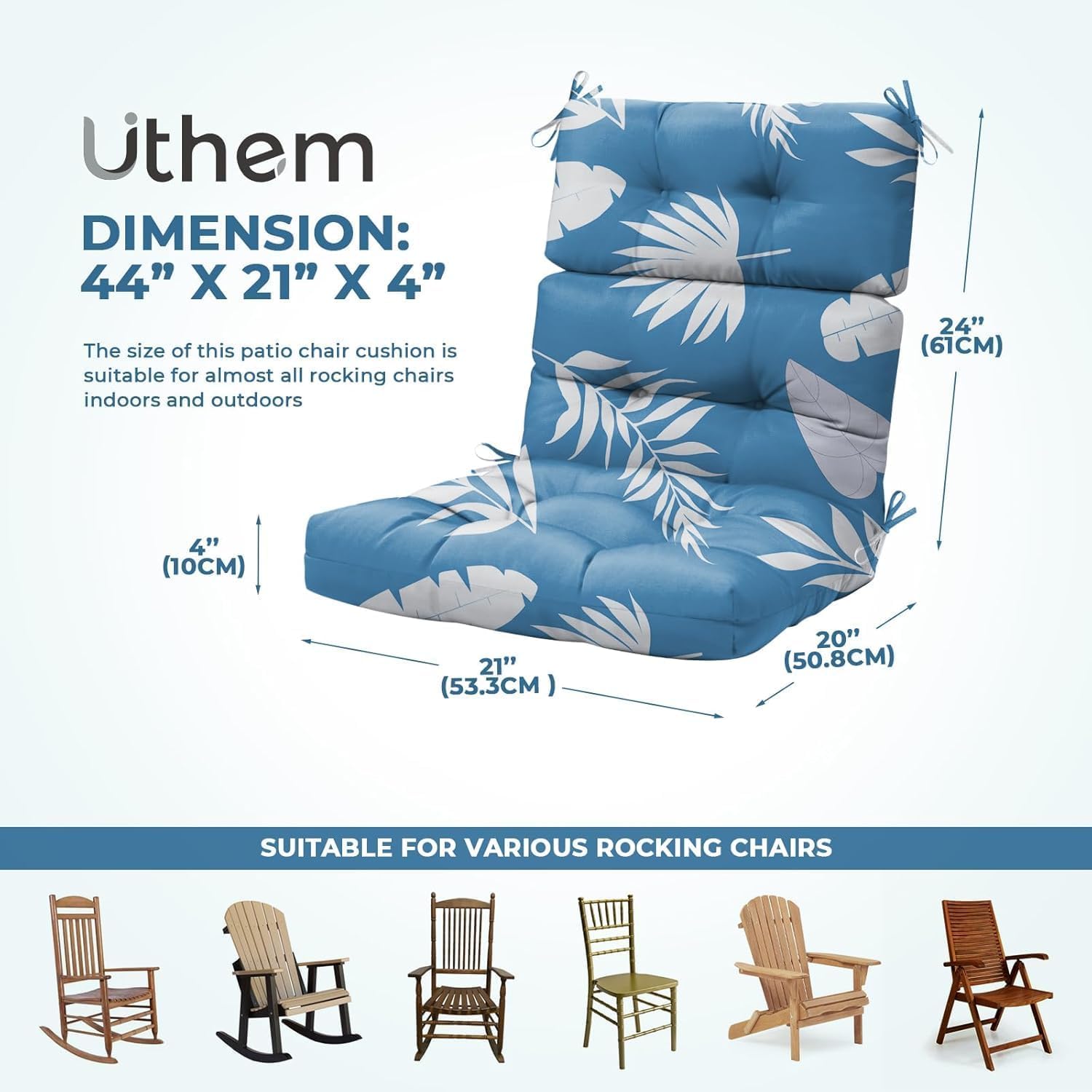 Rocking Chair Cushion, Waterproof Chairs Cushions for Adirondack Chairs Patio Couch High Back Thicked Cushions Outdoor and Indoor with Ties, Blue Leaf