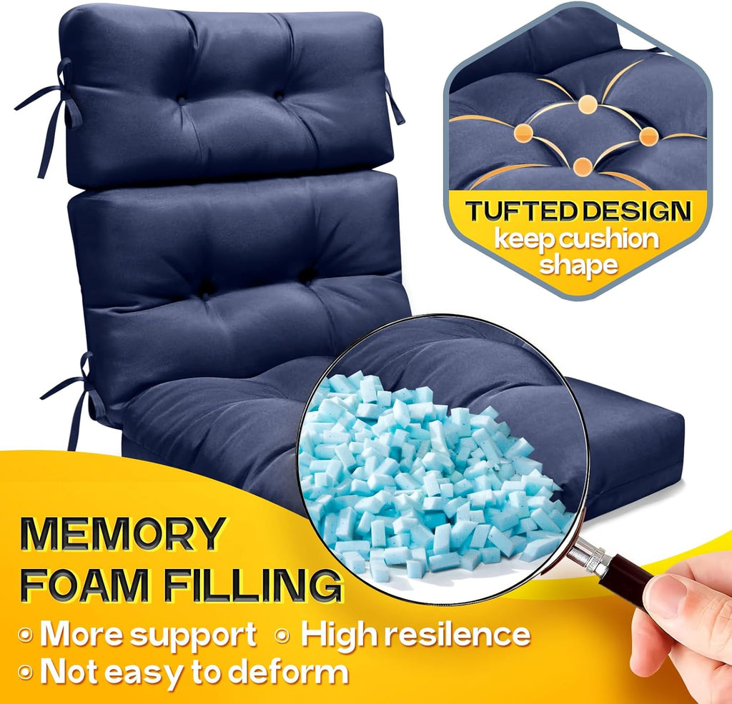 MAGIC ELEPHANT High Back Chair Cushion, Indoor Outdoor Memory Foam Chair Cushion with Ties for Adirondack and Rocking Chair, Waterproof Replacement Patio Cushion for Chair (Blue)