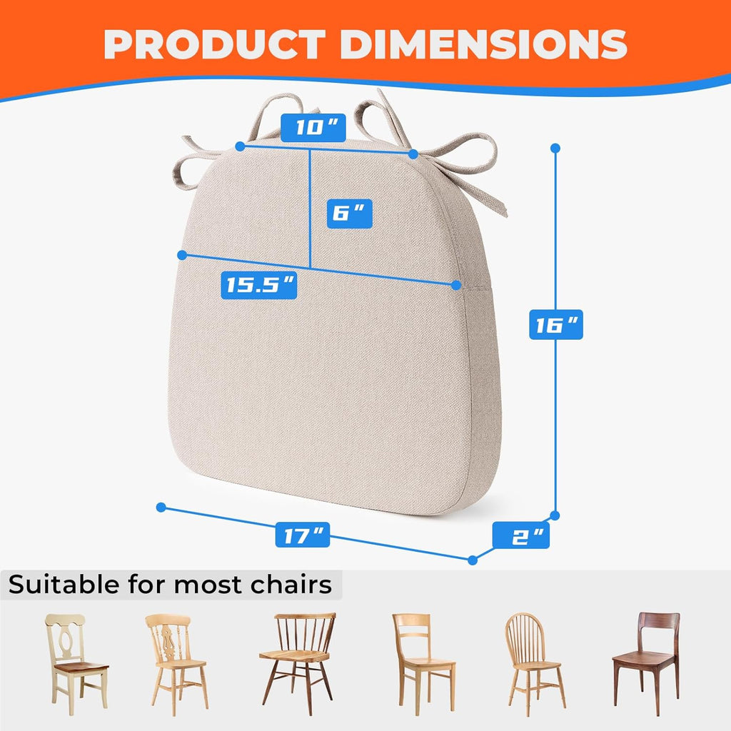 Sunsleek Chair Cushions for Dining Chairs, D-Shaped Seat Cushions with Removable Washable Cover and Ties, Chair Pads for Kitchen, Indoor Dining Room, Patio Chairs, 17'' x 16'', Set of 4, Beige