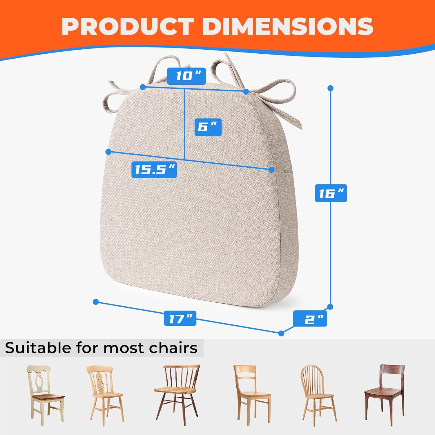 Sunsleek Chair Cushions for Dining Chairs, D-Shaped Seat Cushions with Removable Washable Cover and Ties, Chair Pads for Kitchen, Indoor Dining Room, Patio Chairs, 17'' x 16'', Set of 4, Beige