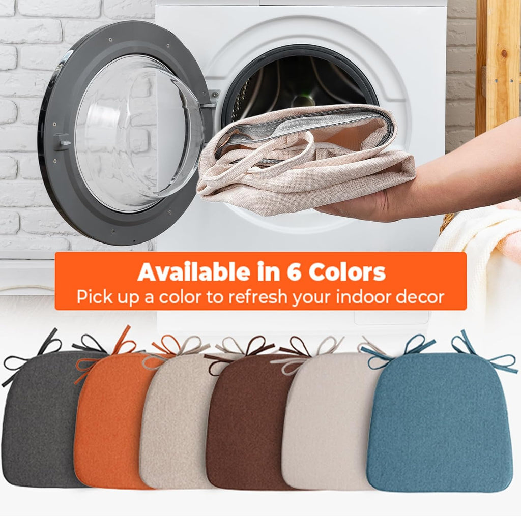 Sunsleek Chair Cushions for Dining Chairs, D-Shaped Seat Cushions with Removable Washable Cover and Ties, Chair Pads for Kitchen, Indoor Dining Room, Patio Chairs, 17'' x 16'', Set of 4, Beige