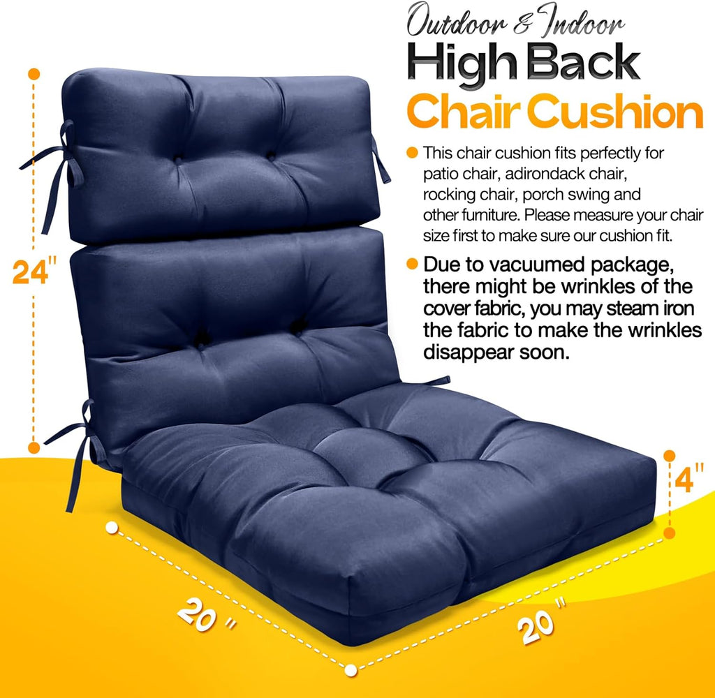 MAGIC ELEPHANT High Back Chair Cushion, Indoor Outdoor Memory Foam Chair Cushion with Ties for Adirondack and Rocking Chair, Waterproof Replacement Patio Cushion for Chair (Blue)