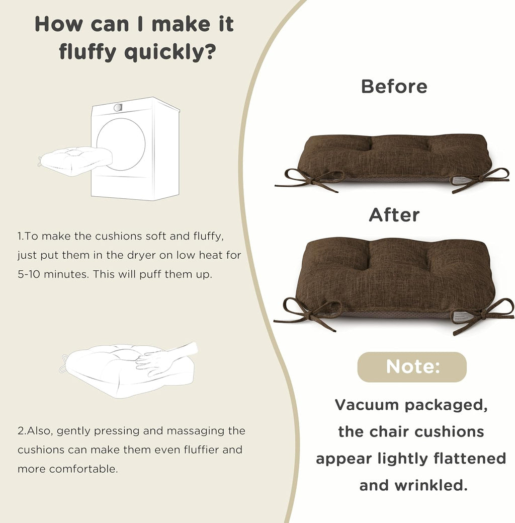 AddGrace Chair Cushions for Dining Chairs Set of 1 Kitchen Seat Cushions with Ties and Non Slip Backing Tufted Indoor Seat Pad for Kitchen Dining Room 18" x 17" x 3" Coffee