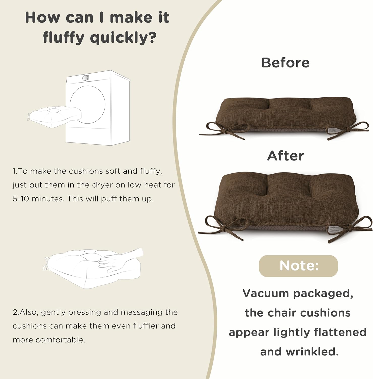 AddGrace Chair Cushions for Dining Chairs Set of 1 Kitchen Seat Cushions with Ties and Non Slip Backing Tufted Indoor Seat Pad for Kitchen Dining Room 18" x 17" x 3" Coffee