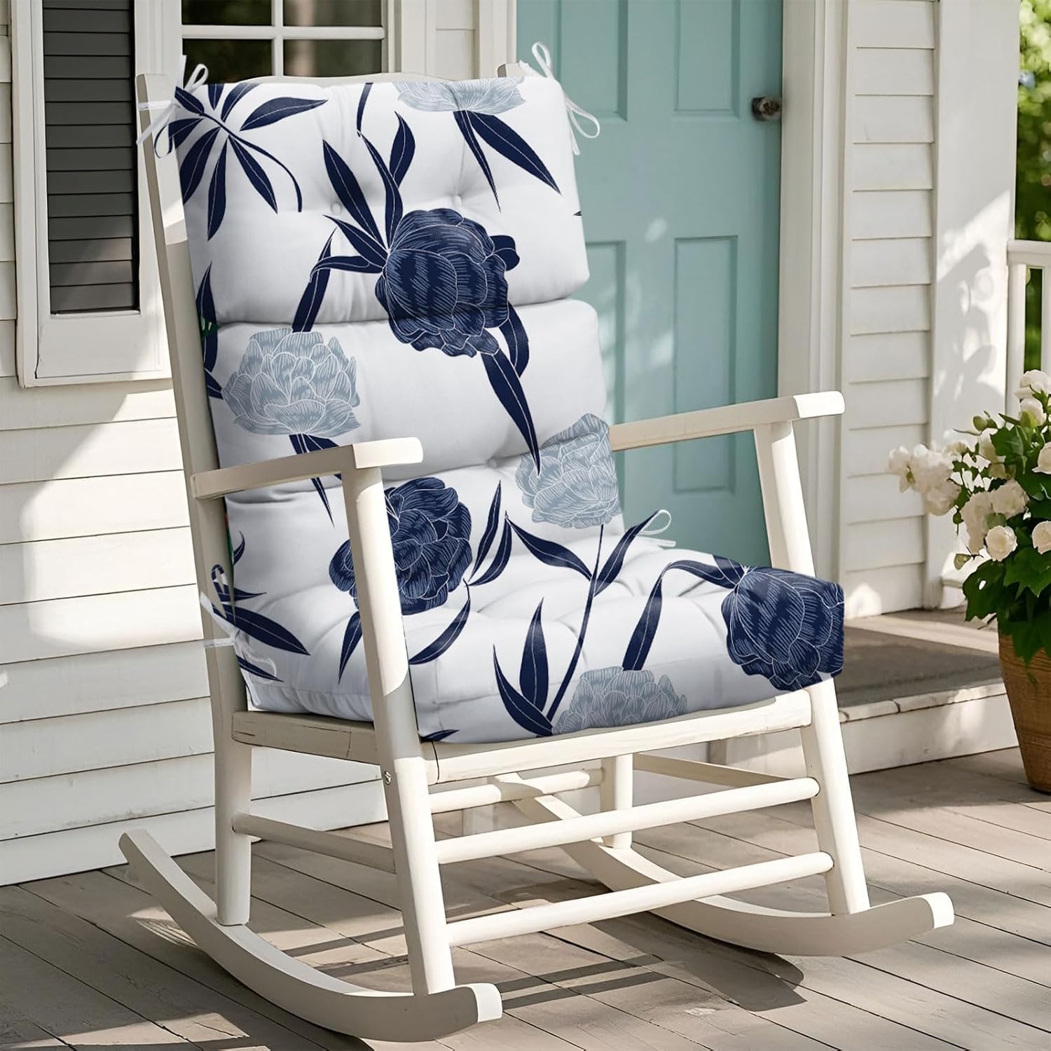 Rocking Chair Cushion, Waterproof Chairs Cushions for Adirondack Chairs Patio Couch High Back Thicked Cushions Outdoor and Indoor with Ties, Blue Leaf
