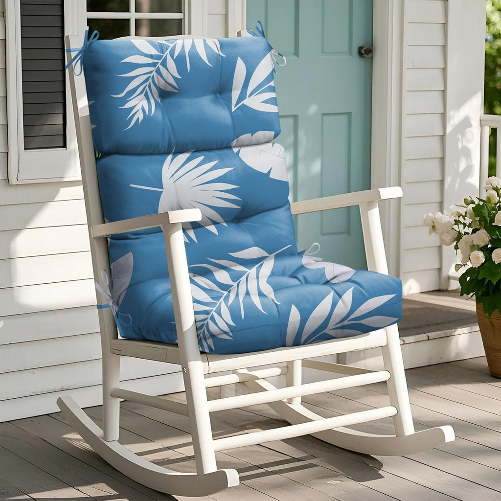 Rocking Chair Cushion, Waterproof Chairs Cushions for Adirondack Chairs Patio Couch High Back Thicked Cushions Outdoor and Indoor with Ties, Blue Leaf
