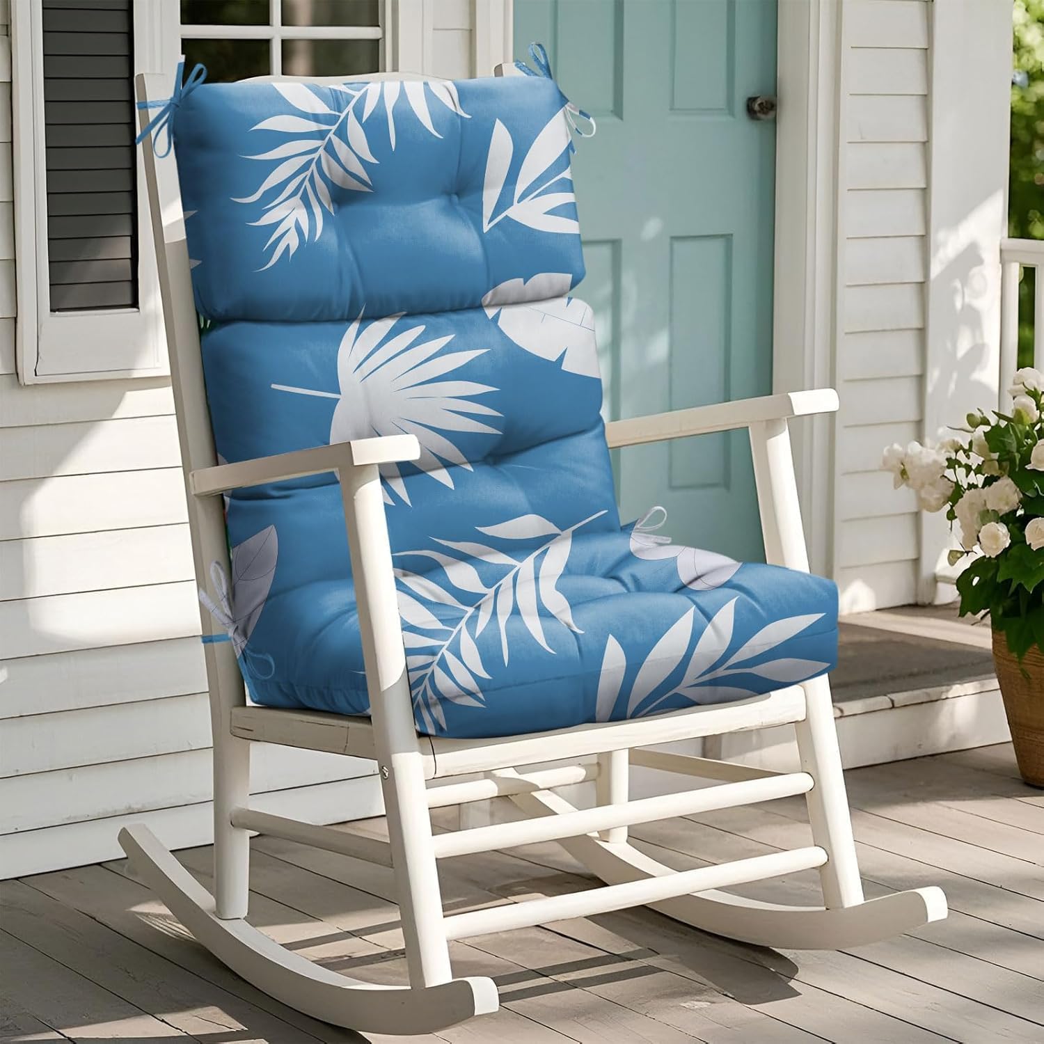 Rocking Chair Cushion, Waterproof Chairs Cushions for Adirondack Chairs Patio Couch High Back Thicked Cushions Outdoor and Indoor with Ties, Blue Leaf