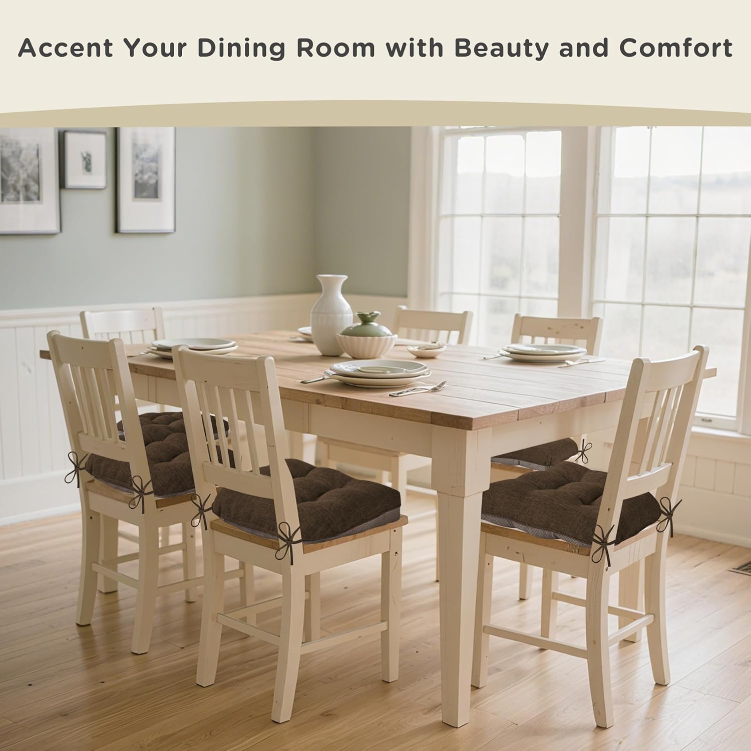 AddGrace Chair Cushions for Dining Chairs Set of 1 Kitchen Seat Cushions with Ties and Non Slip Backing Tufted Indoor Seat Pad for Kitchen Dining Room 18" x 17" x 3" Coffee