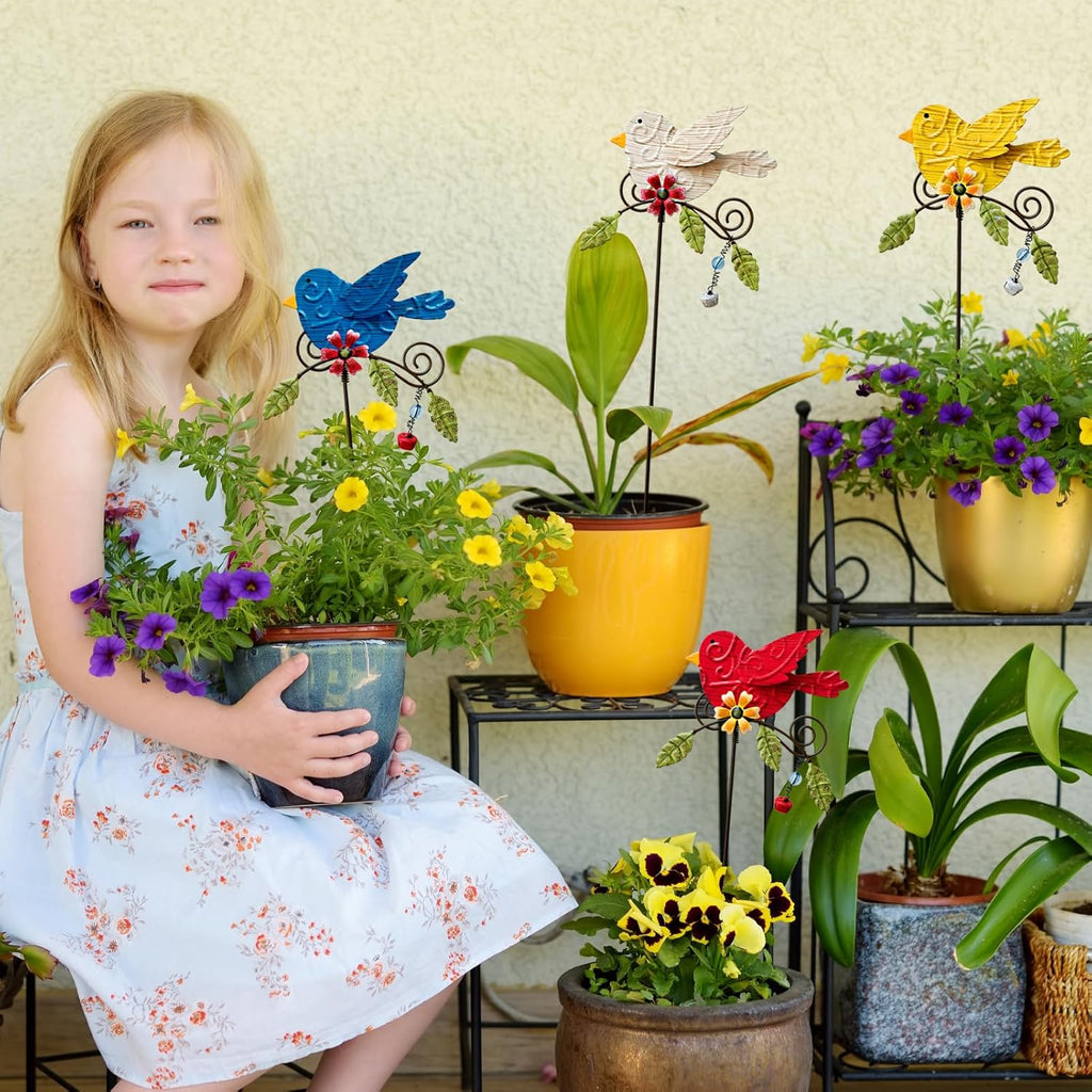 4 Pack Decorative Garden Stakes - 14.2" Metal Flowers for Outside & Metal Yard Art Outdoor and Garden, Rust-Resistant Shaking-Head Bird Lawn Ornaments for Patio - Gift for Gardeners