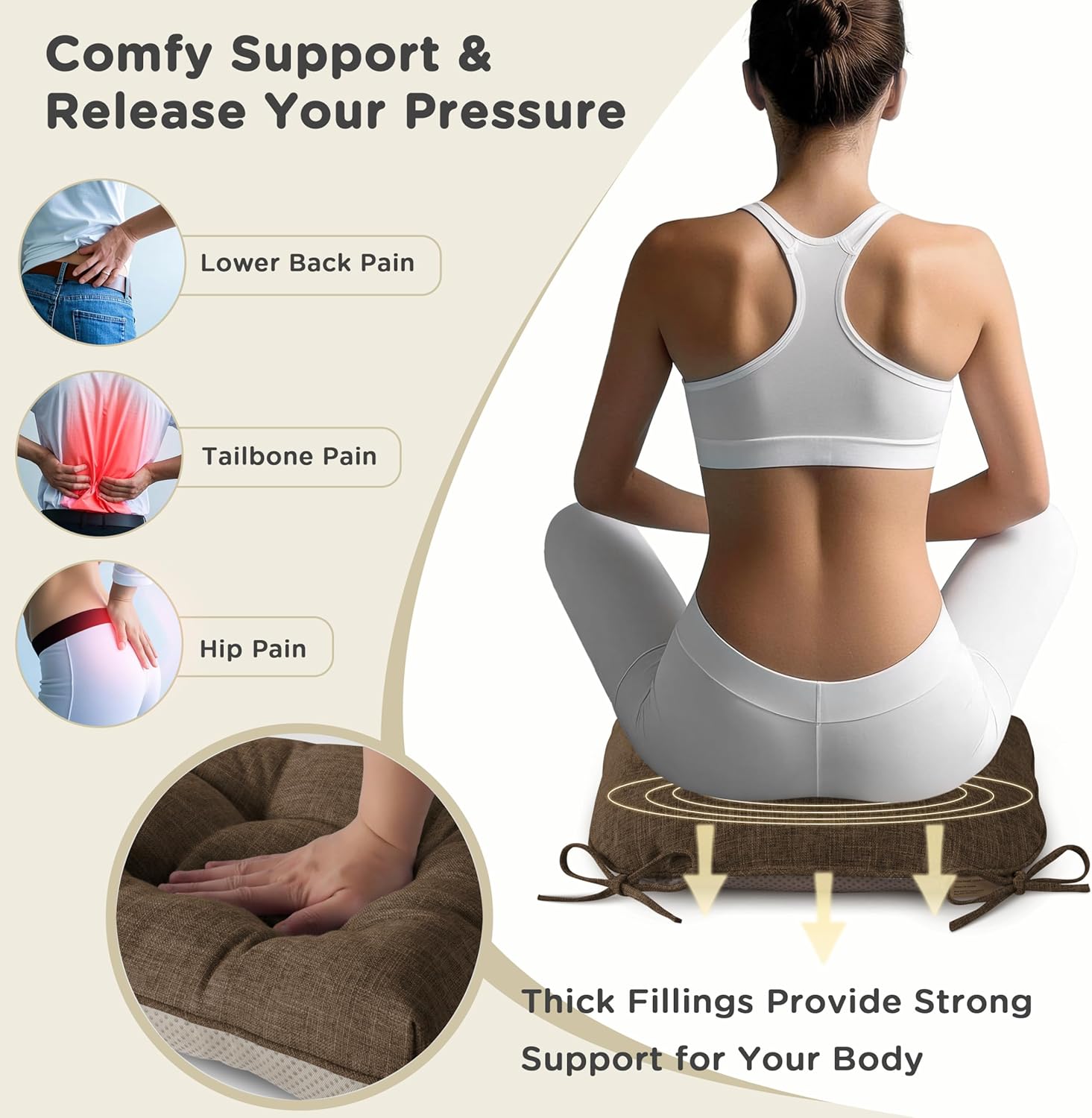 AddGrace Chair Cushions for Dining Chairs Set of 1 Kitchen Seat Cushions with Ties and Non Slip Backing Tufted Indoor Seat Pad for Kitchen Dining Room 18" x 17" x 3" Coffee