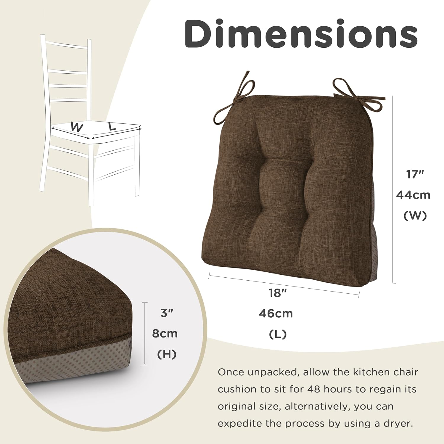 AddGrace Chair Cushions for Dining Chairs Set of 1 Kitchen Seat Cushions with Ties and Non Slip Backing Tufted Indoor Seat Pad for Kitchen Dining Room 18" x 17" x 3" Coffee