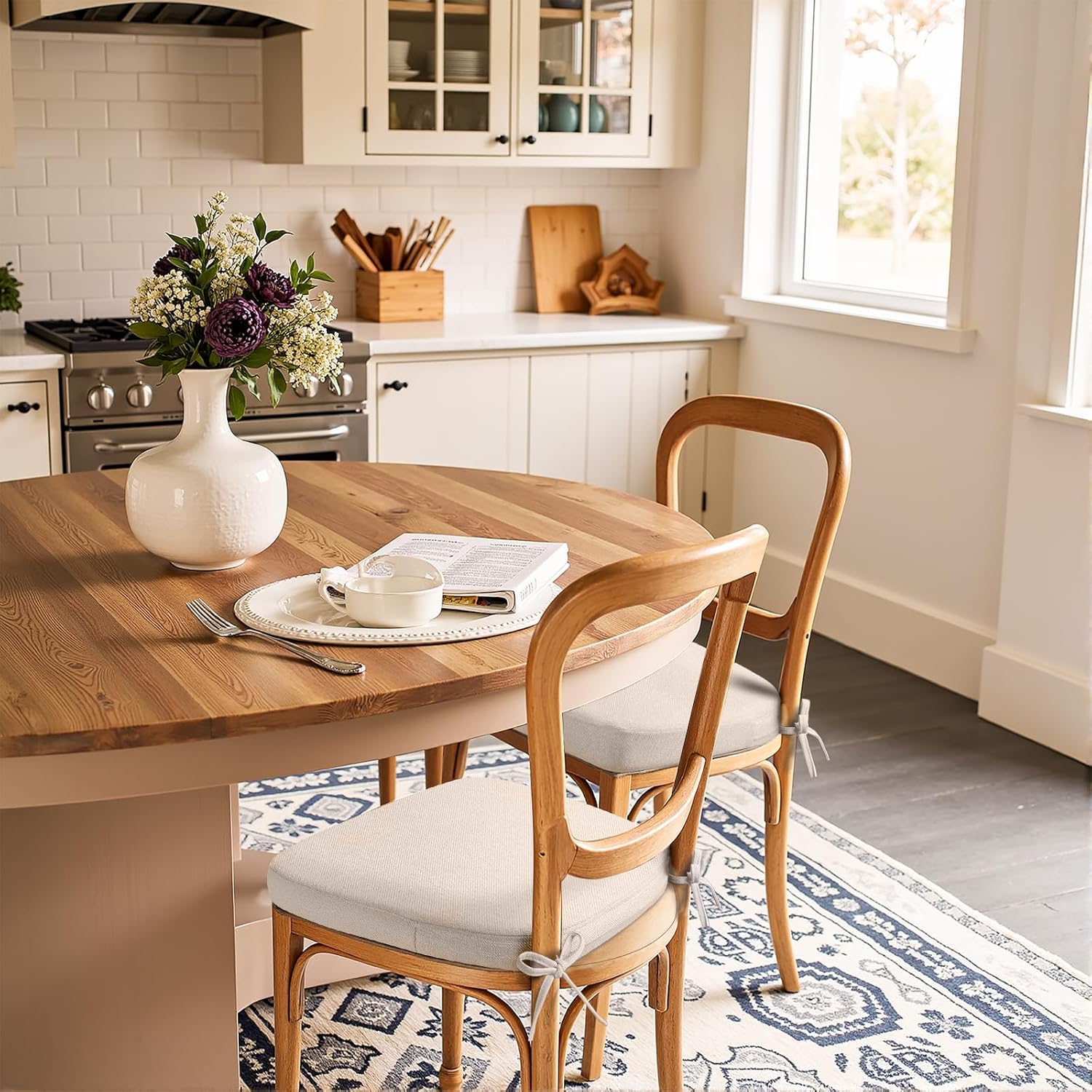 Sunsleek Chair Cushions for Dining Chairs, D-Shaped Seat Cushions with Removable Washable Cover and Ties, Chair Pads for Kitchen, Indoor Dining Room, Patio Chairs, 17'' x 16'', Set of 4, Beige