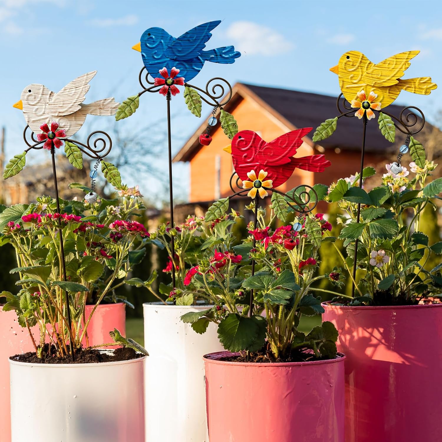 4 Pack Decorative Garden Stakes - 14.2" Metal Flowers for Outside & Metal Yard Art Outdoor and Garden, Rust-Resistant Shaking-Head Bird Lawn Ornaments for Patio - Gift for Gardeners
