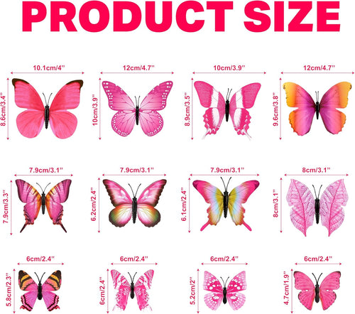 12pcs Pink Butterfly Plant Stakes 9.7in - Colorful Metal Sticks for Flower Arrangements, Garden Decorations, Outdoor Yard Decor, Tree Toppers, Floral Pots, DIY 3D Ornaments for Home Tea Party Wedding