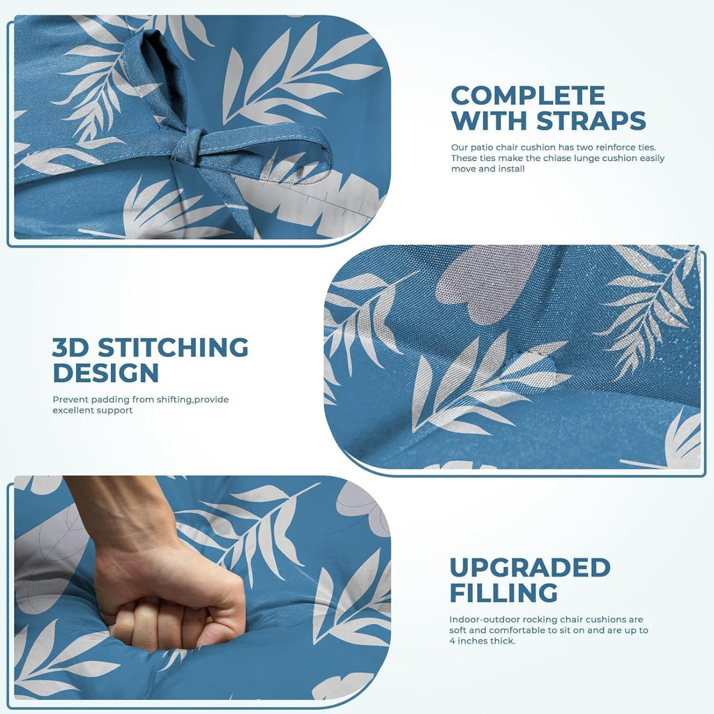 Rocking Chair Cushion, Waterproof Chairs Cushions for Adirondack Chairs Patio Couch High Back Thicked Cushions Outdoor and Indoor with Ties, Blue Leaf
