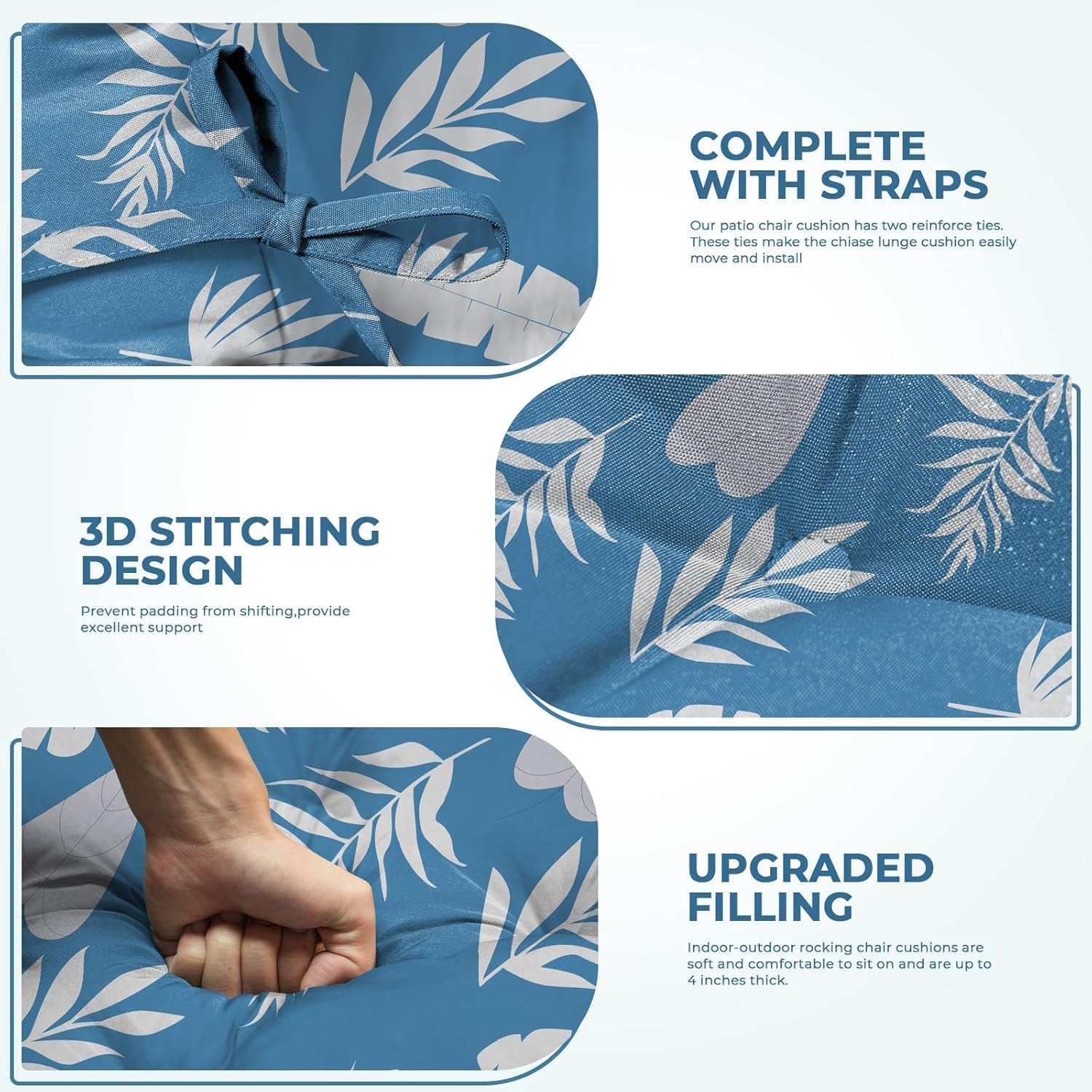 Rocking Chair Cushion, Waterproof Chairs Cushions for Adirondack Chairs Patio Couch High Back Thicked Cushions Outdoor and Indoor with Ties, Blue Leaf