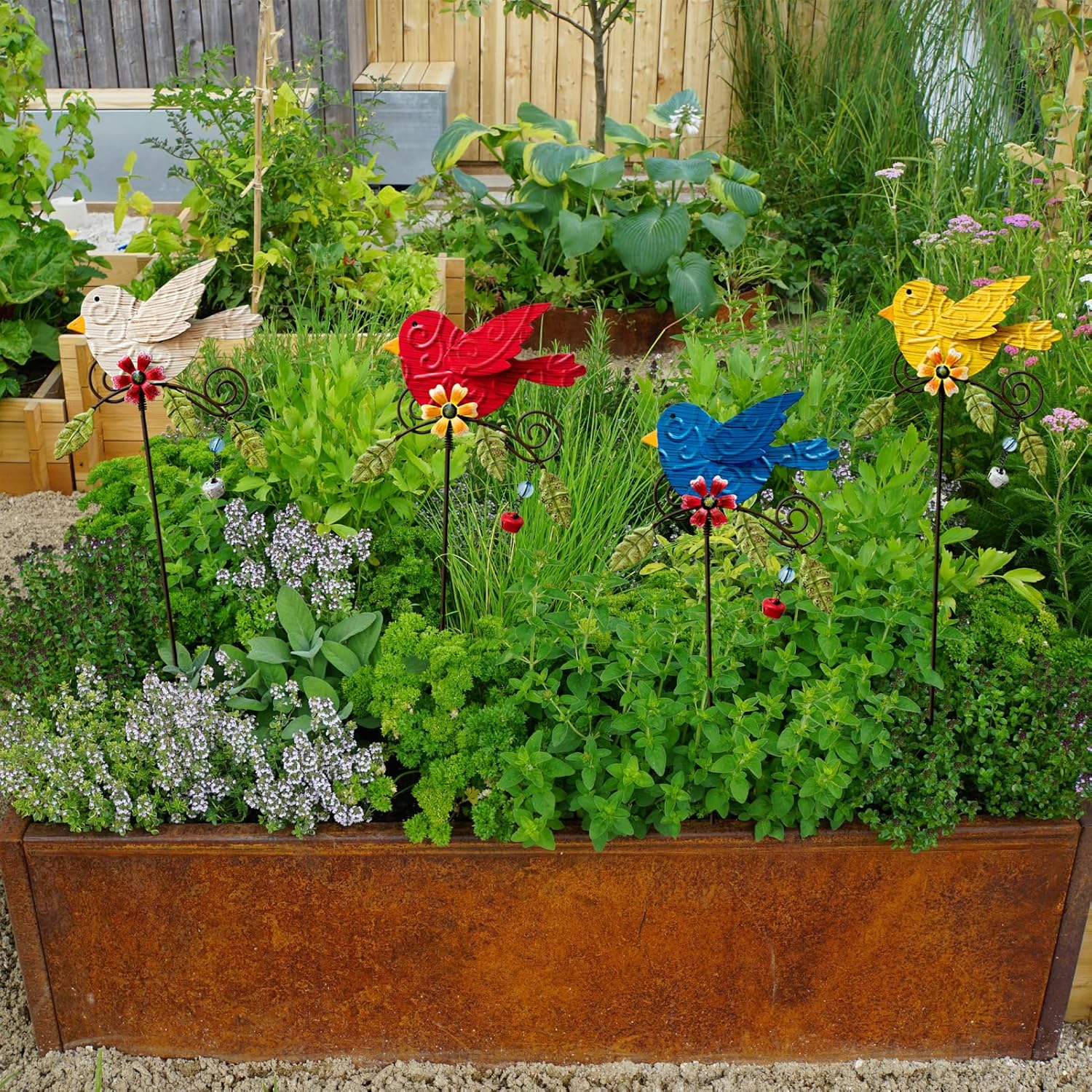 4 Pack Decorative Garden Stakes - 14.2" Metal Flowers for Outside & Metal Yard Art Outdoor and Garden, Rust-Resistant Shaking-Head Bird Lawn Ornaments for Patio - Gift for Gardeners