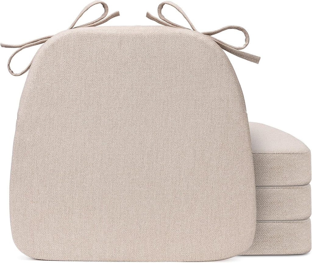 Sunsleek Chair Cushions for Dining Chairs, D-Shaped Seat Cushions with Removable Washable Cover and Ties, Chair Pads for Kitchen, Indoor Dining Room, Patio Chairs, 17'' x 16'', Set of 4, Beige